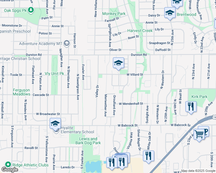 map of restaurants, bars, coffee shops, grocery stores, and more near 334 Meriwether Avenue in Bozeman