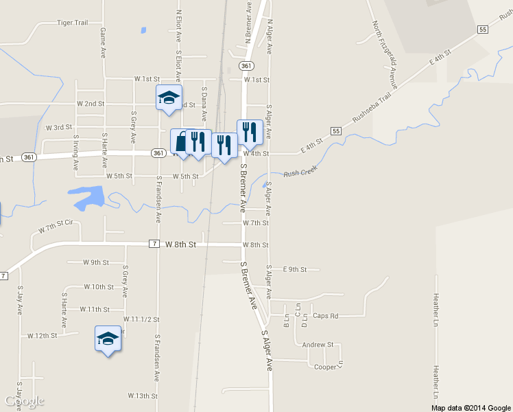 map of restaurants, bars, coffee shops, grocery stores, and more near 650 S Bremer Ave in Rush City