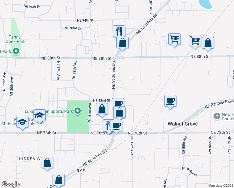 map of restaurants, bars, coffee shops, grocery stores, and more near 8341 Northeast Saint Johns Road in Vancouver