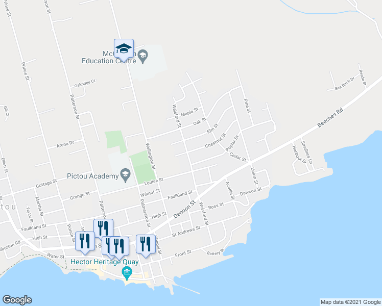 map of restaurants, bars, coffee shops, grocery stores, and more near 75 Chestnut Street in Pictou