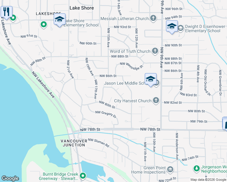map of restaurants, bars, coffee shops, grocery stores, and more near 1411 Northwest Lakeview Road in Vancouver
