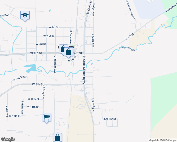 map of restaurants, bars, coffee shops, grocery stores, and more near 650 South Bremer Avenue in Rush City