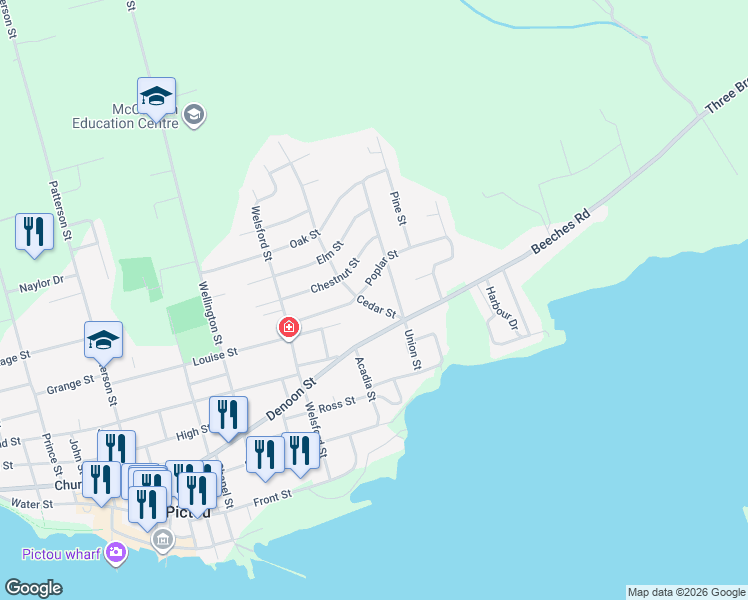 map of restaurants, bars, coffee shops, grocery stores, and more near 34 Cedar Street in Pictou