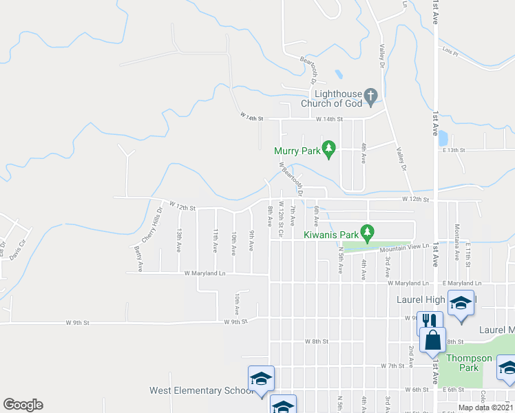map of restaurants, bars, coffee shops, grocery stores, and more near 810 West 12th Street in Laurel