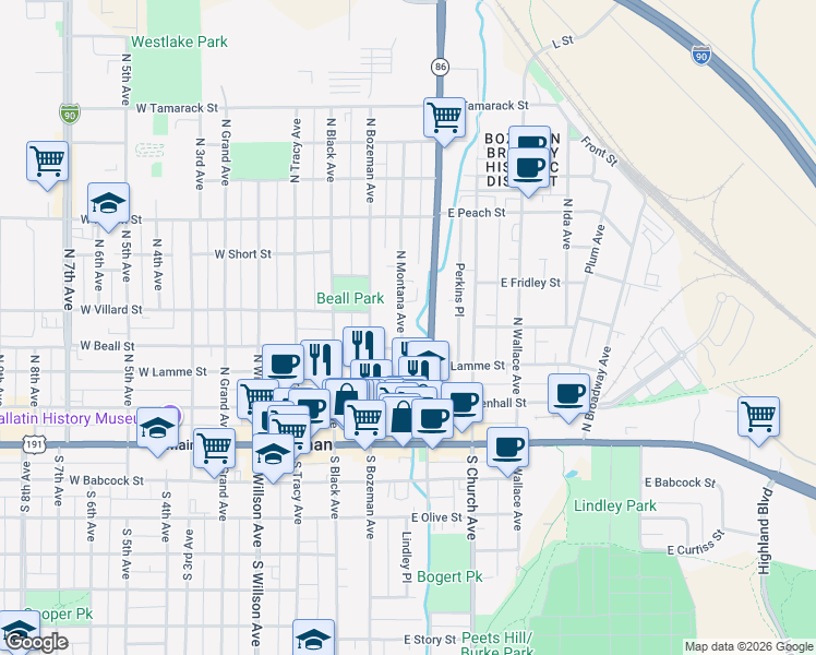 map of restaurants, bars, coffee shops, grocery stores, and more near 316 North Montana Avenue in Bozeman