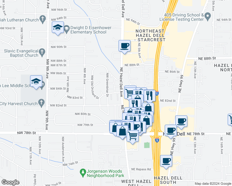map of restaurants, bars, coffee shops, grocery stores, and more near 107a Northeast 83rd Street in Vancouver