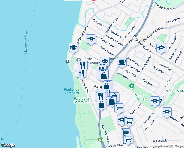 map of restaurants, bars, coffee shops, grocery stores, and more near Rue Sainte Marie in Varennes