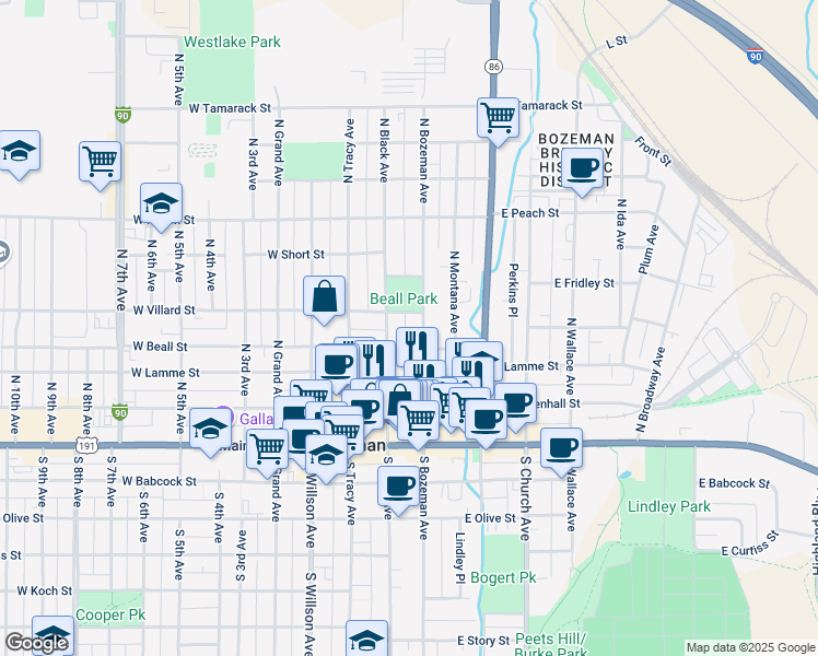 map of restaurants, bars, coffee shops, grocery stores, and more near 315 North Bozeman Avenue in Bozeman