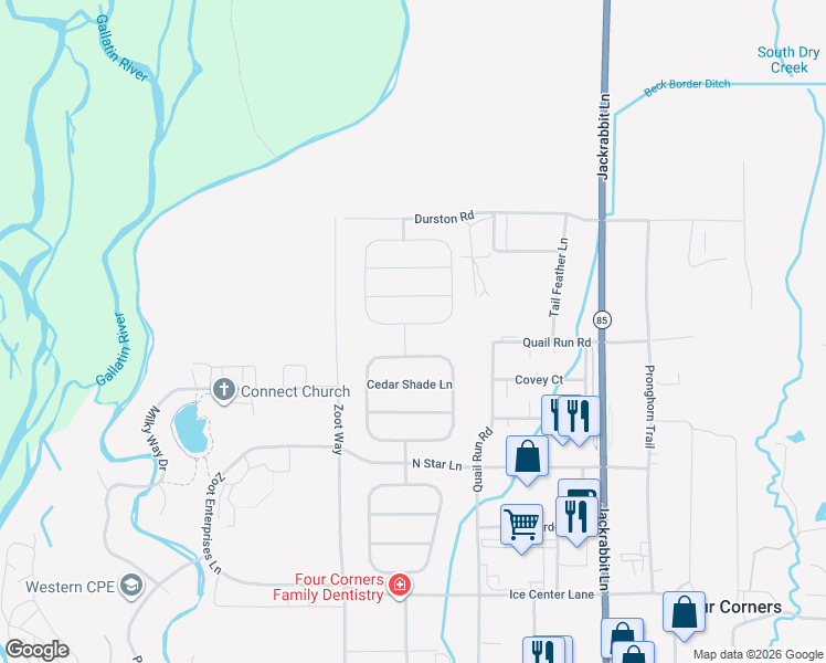 map of restaurants, bars, coffee shops, grocery stores, and more near 16 Shelter Grove Circle in Bozeman