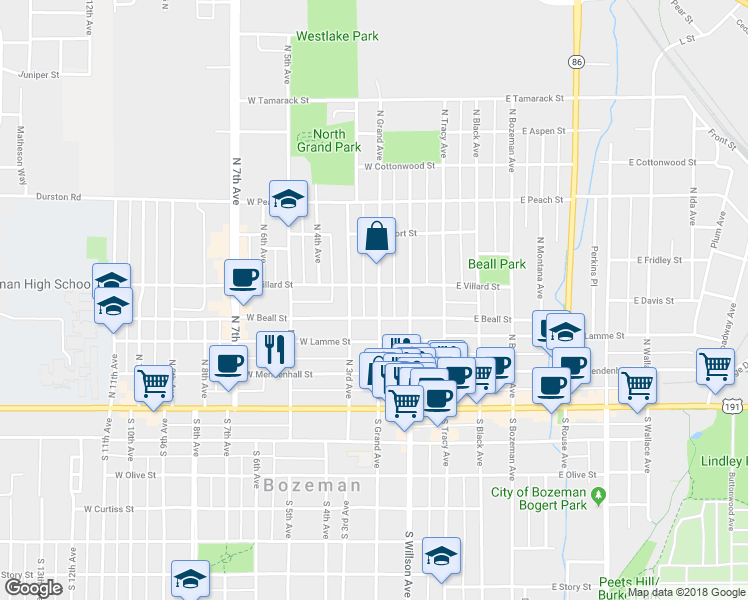 map of restaurants, bars, coffee shops, grocery stores, and more near 313 North Grand Avenue in Bozeman