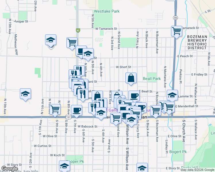 map of restaurants, bars, coffee shops, grocery stores, and more near 315 N 3rd Ave in Bozeman