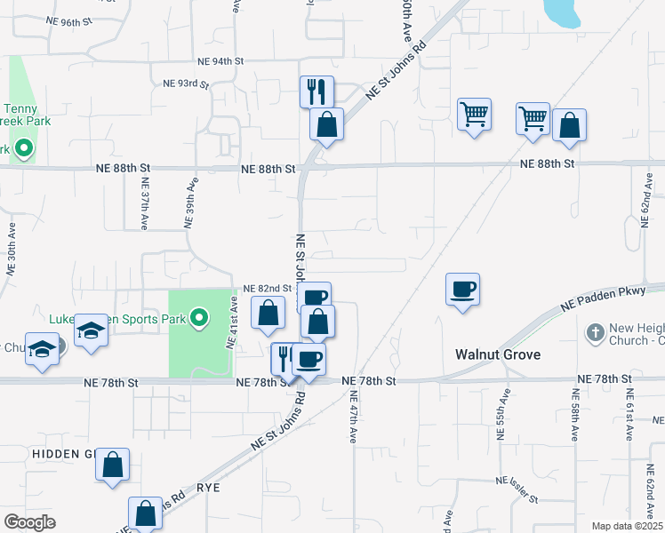 map of restaurants, bars, coffee shops, grocery stores, and more near 8403 Northeast Saint Johns Road in Vancouver