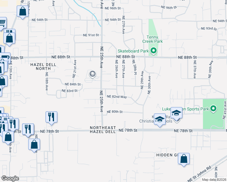 map of restaurants, bars, coffee shops, grocery stores, and more near 2523 Northeast 83rd Way in Vancouver