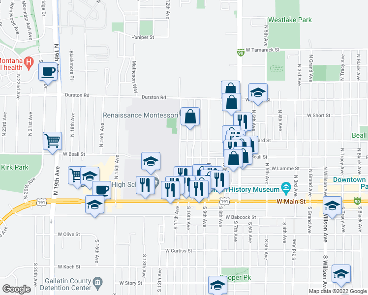 map of restaurants, bars, coffee shops, grocery stores, and more near 316 North 11th Avenue in Bozeman