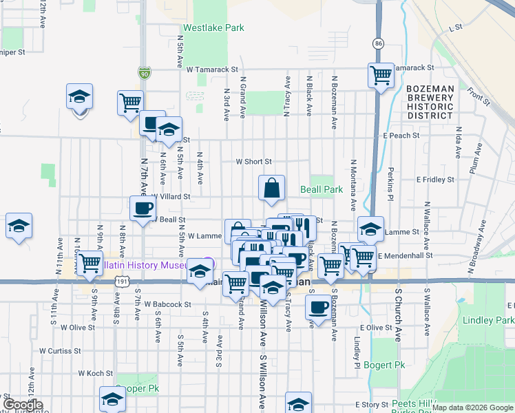 map of restaurants, bars, coffee shops, grocery stores, and more near 311 North Willson Avenue in Bozeman