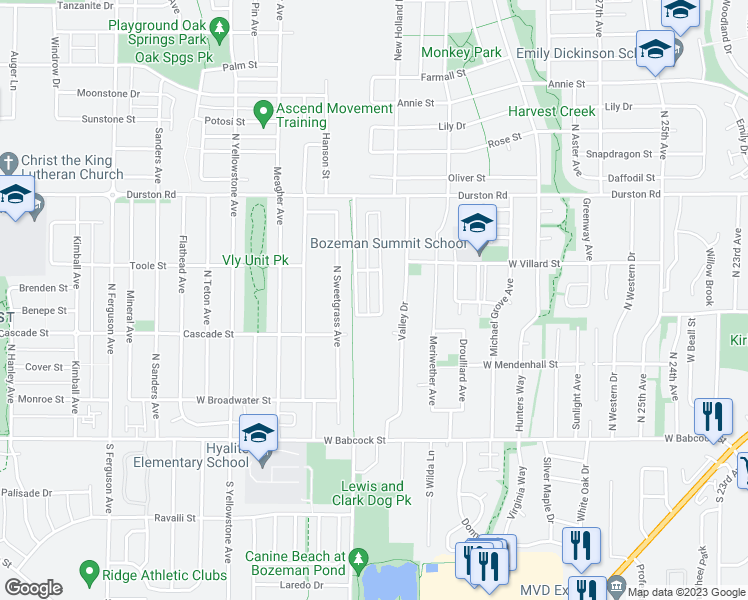 map of restaurants, bars, coffee shops, grocery stores, and more near 339 Christopher Way in Bozeman