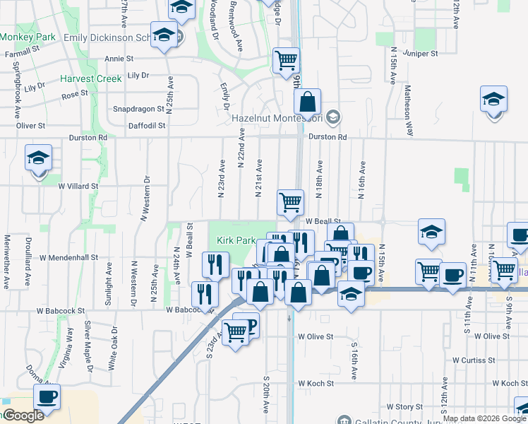 map of restaurants, bars, coffee shops, grocery stores, and more near 300-310 North 21st Avenue in Bozeman