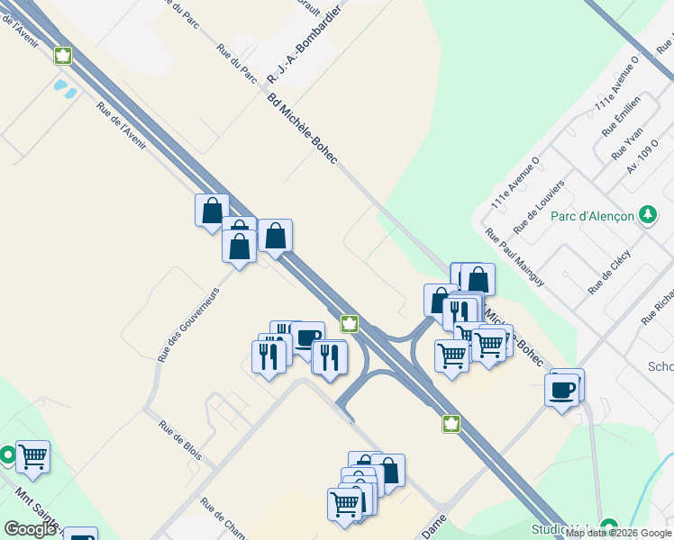 map of restaurants, bars, coffee shops, grocery stores, and more near Rue Jean-Guyon in Blainville
