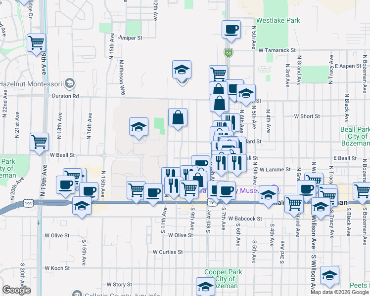 map of restaurants, bars, coffee shops, grocery stores, and more near 315 North 9th Avenue in Bozeman