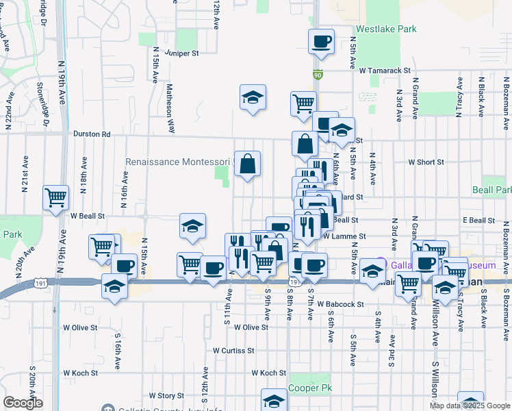 map of restaurants, bars, coffee shops, grocery stores, and more near 316 North 10th Avenue in Bozeman