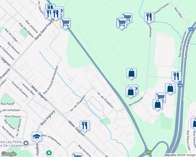 map of restaurants, bars, coffee shops, grocery stores, and more near Rue du Sablon in Bois-des-Filion