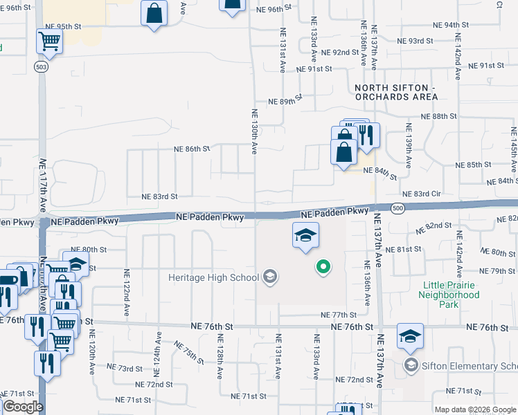 map of restaurants, bars, coffee shops, grocery stores, and more near 8212 Northeast 130th Avenue in Vancouver