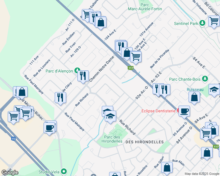 map of restaurants, bars, coffee shops, grocery stores, and more near Rue des Bouvreuils in Blainville
