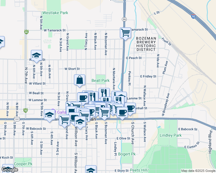 map of restaurants, bars, coffee shops, grocery stores, and more near 315 N Bozeman Ave in Bozeman