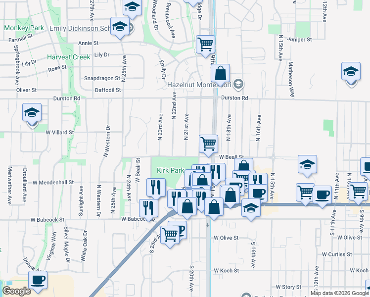 map of restaurants, bars, coffee shops, grocery stores, and more near 300-310 North 21st Avenue in Bozeman