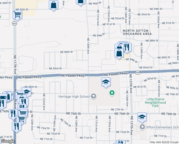 map of restaurants, bars, coffee shops, grocery stores, and more near 8212 Northeast 130th Avenue in Vancouver