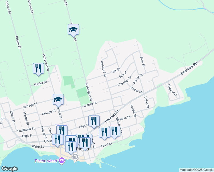 map of restaurants, bars, coffee shops, grocery stores, and more near 70 Chestnut Street in Pictou