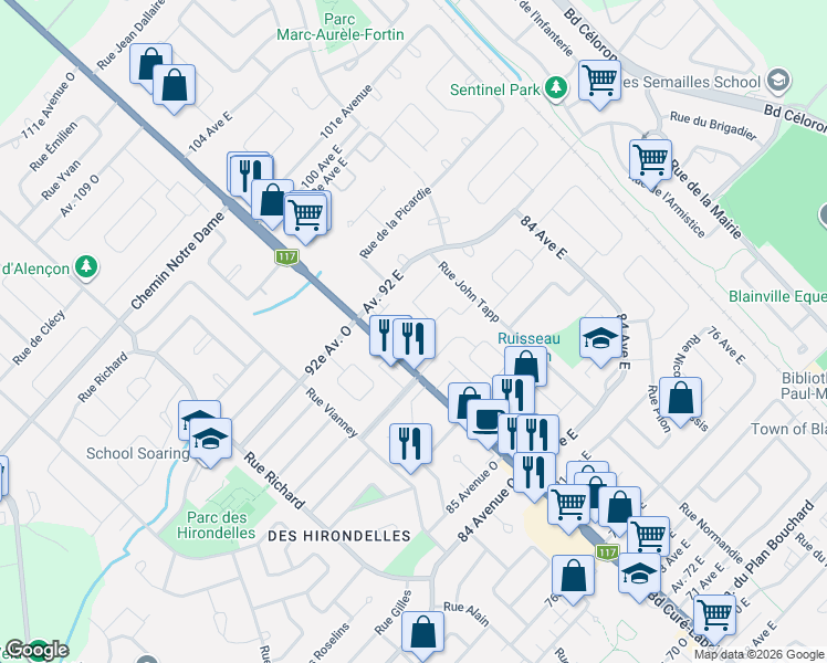 map of restaurants, bars, coffee shops, grocery stores, and more near 1198 Boulevard Curé-Labelle in Blainville