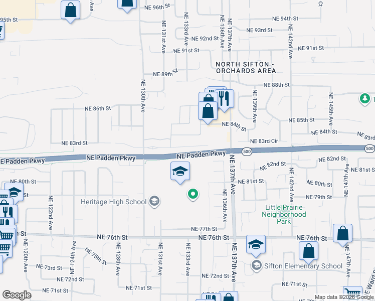 map of restaurants, bars, coffee shops, grocery stores, and more near 13309 Northeast 83rd Street in Vancouver