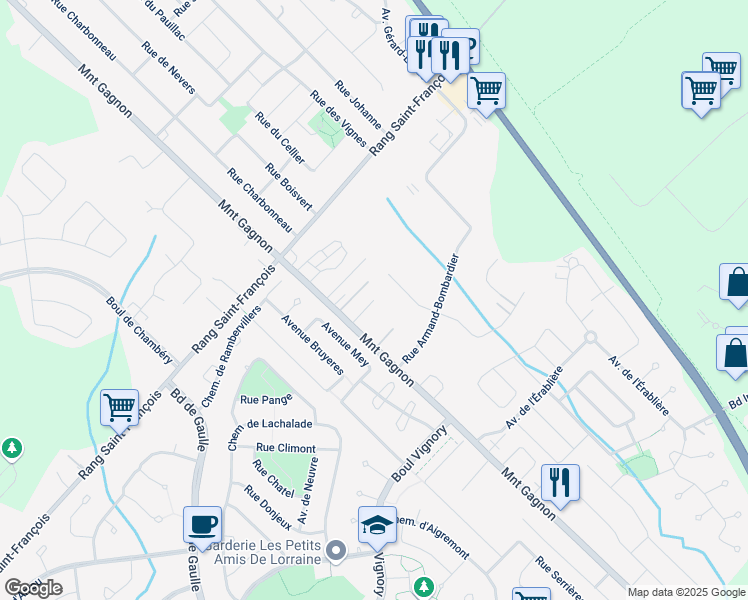 map of restaurants, bars, coffee shops, grocery stores, and more near Rue Dero in Terrebonne