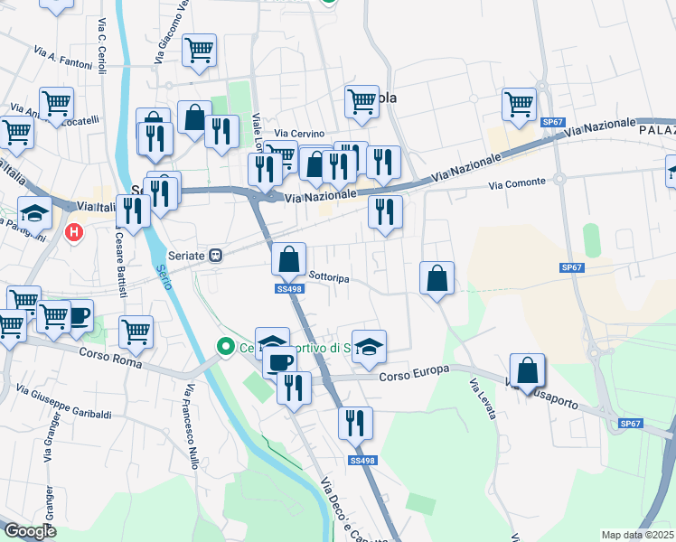 map of restaurants, bars, coffee shops, grocery stores, and more near 18 Via Sottoripa in Seriate