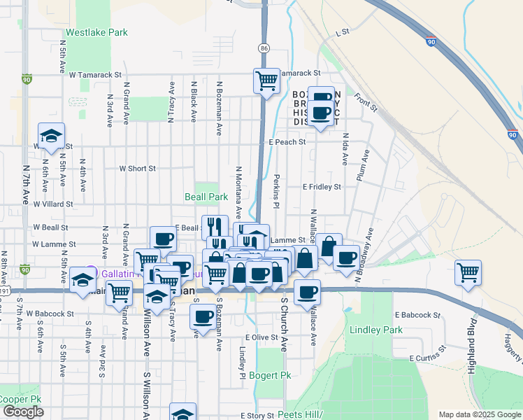 map of restaurants, bars, coffee shops, grocery stores, and more near 318 North Rouse Avenue in Bozeman