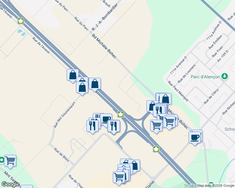 map of restaurants, bars, coffee shops, grocery stores, and more near Rue Jean-Guyon in Blainville