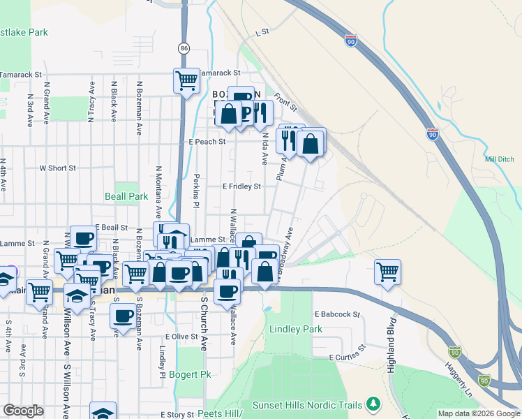 map of restaurants, bars, coffee shops, grocery stores, and more near 624 East Davis Street in Bozeman