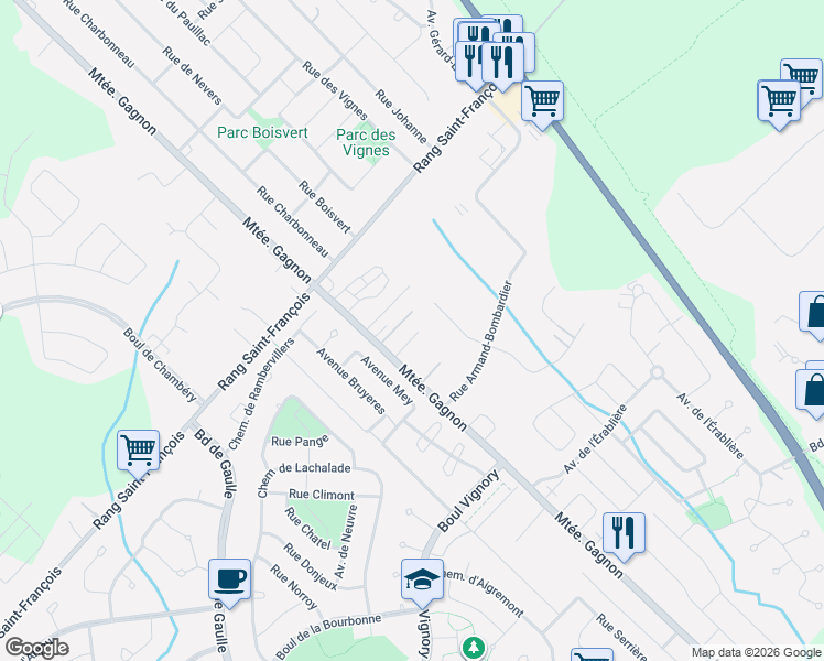 map of restaurants, bars, coffee shops, grocery stores, and more near 45 Rue Dero in Terrebonne