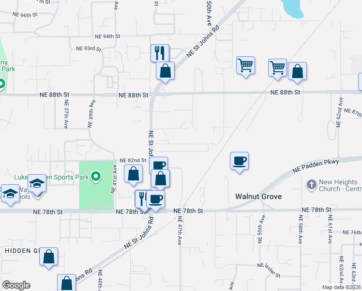 map of restaurants, bars, coffee shops, grocery stores, and more near 8403 NE St Johns Rd in Vancouver
