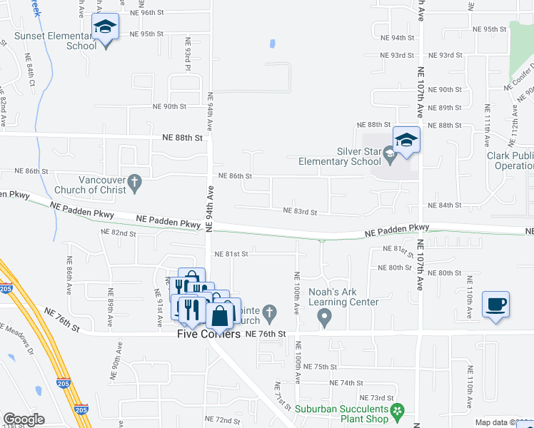 map of restaurants, bars, coffee shops, grocery stores, and more near 9719 Northeast 83rd Circle in Vancouver