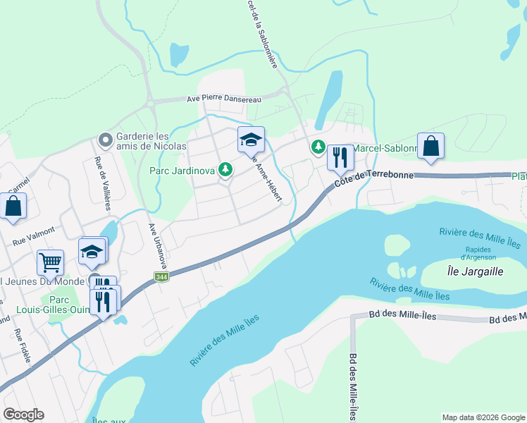 map of restaurants, bars, coffee shops, grocery stores, and more near 831 Rue Anne-Hébert in Terrebonne