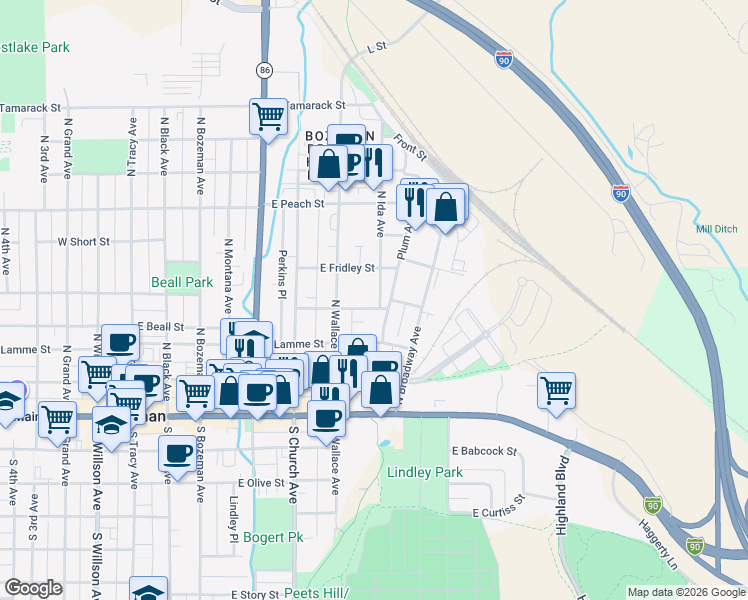 map of restaurants, bars, coffee shops, grocery stores, and more near 624 East Davis Street in Bozeman