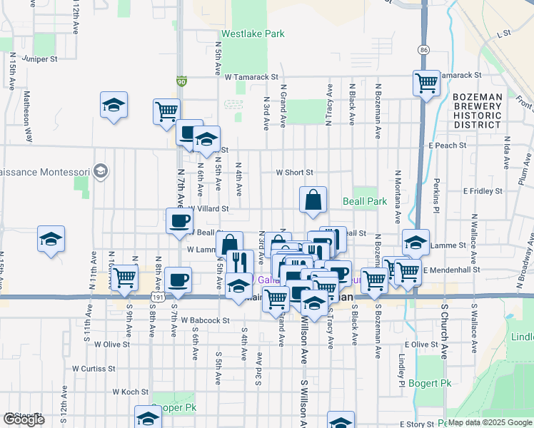 map of restaurants, bars, coffee shops, grocery stores, and more near 313 North Grand Avenue in Bozeman