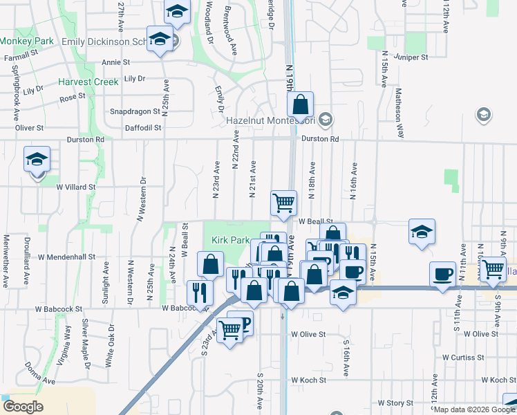 map of restaurants, bars, coffee shops, grocery stores, and more near 310 North 21st Avenue in Bozeman