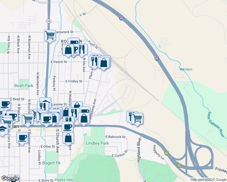map of restaurants, bars, coffee shops, grocery stores, and more near 150 Village Crossing Way in Bozeman