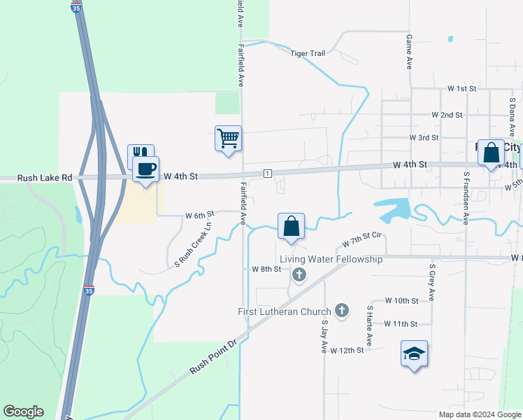 map of restaurants, bars, coffee shops, grocery stores, and more near 450 South Fairfield Avenue in Rush City