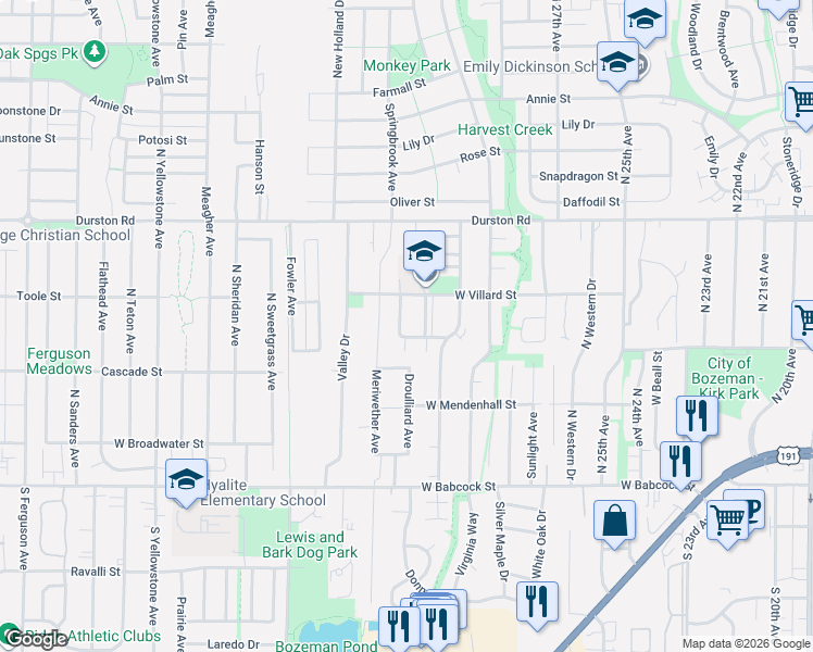 map of restaurants, bars, coffee shops, grocery stores, and more near 3018 West Villard Street in Bozeman