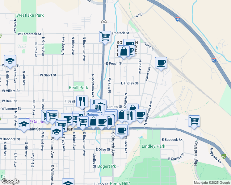 map of restaurants, bars, coffee shops, grocery stores, and more near 308 North Church Avenue in Bozeman