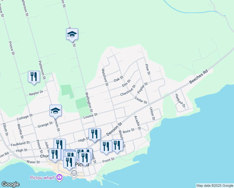 map of restaurants, bars, coffee shops, grocery stores, and more near 92 Chestnut Street in Pictou